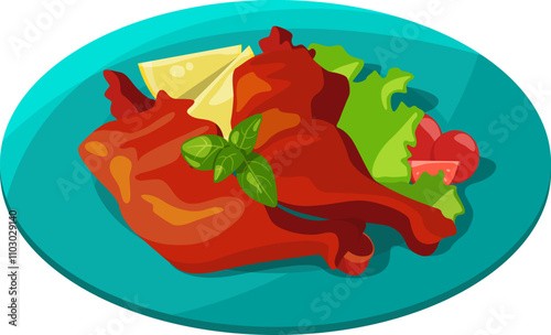 Tandoori chicken plate. Cartoon indian grilled dish