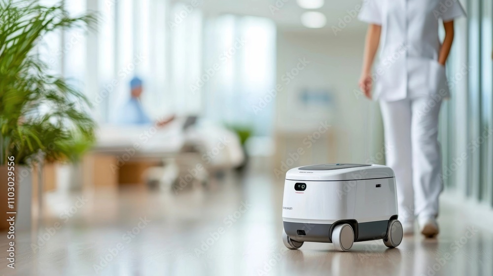 Fototapeta premium Autonomous robotic delivery system operating in a modern warehouse environment