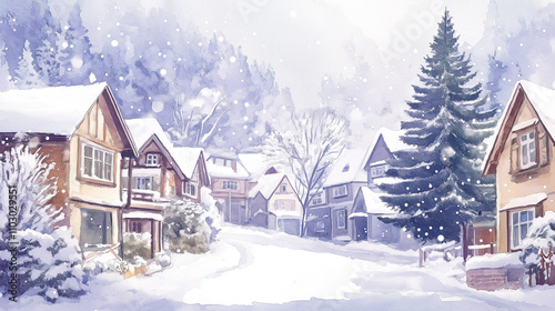 Watercolor Christmas village with colorful houses and snow covered street.