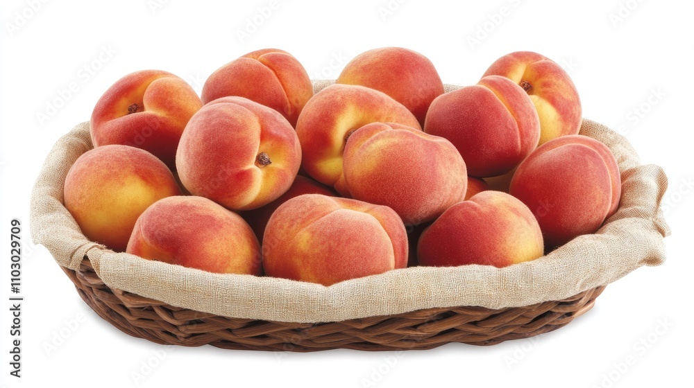 Freshly picked peaches nestled in a woven basket, elegantly lined with soft fabric, showcasing their vibrant colors and juicy texture. Freshly picked peaches nestled in a woven basket, elegantly lined with soft fabric, showcasing their vibrant colors and juicy texture.