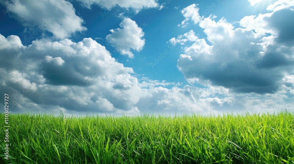 Vibrant green grass stretches across a meadow under a stunning sky filled with fluffy clouds and sunlight filtering through. Vibrant green grass stretches across a meadow under a stunning sky filled with fluffy clouds and sunlight filtering through.