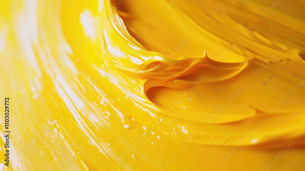 Vibrant close-up of thick, glossy yellow paint showcasing rich texture and smooth brush strokes in bright, lively tones.