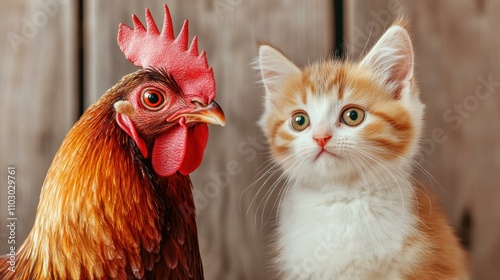 A hen and a kitten share a cozy space. AI.