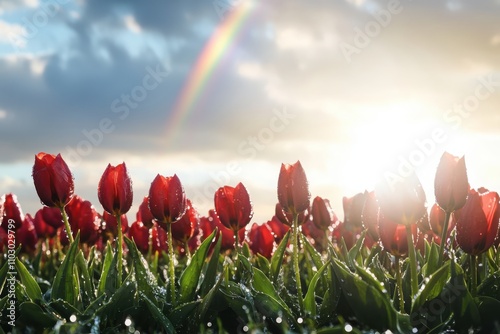 Captivating spring tulip garden framed by morning dew and a rainbow vibrant nature scene outdoor photography bright and cheerful viewpoint photo