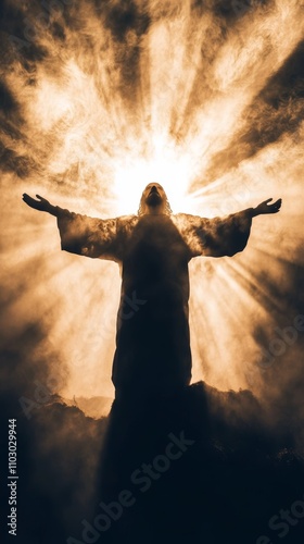 Silhouette of jesus christ illuminated by radiant light symbolizing the concept of resurrection photo