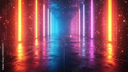 A vibrant  futuristic hall illuminated by colorful neon lights  reflecting off a glossy floor  creating a surreal  immersive atmosphere.