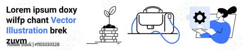 Business growth concept. Plant growing from coins, briefcase with connected cord, woman holding document with gear. Ideal for business, startup, marketing, finance, innovation, planning, management