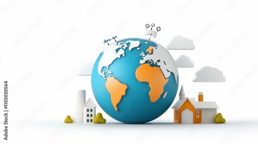 Conceptual global business and world travel imagery with planet Earth buildings houses and clouds in the sky Depicting international geography technology transportation and infrastructure Conceptual global business and world travel imagery with planet Earth buildings houses and clouds in the sky Depicting international geography technology transportation and infrastructure