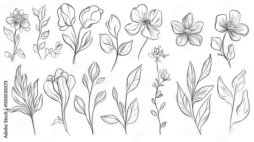 59.Abstract botanical doodles with flowers and leaves in a flowing, minimalist style. The vector design showcases various floral shapes, including curved petals and intricate leaf patterns, arranged 59.Abstract botanical doodles with flowers and leaves in a flowing, minimalist style. The vector design showcases various floral shapes, including curved petals and intricate leaf patterns, arranged