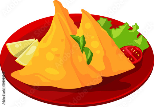 Samosa meal cartoon icon. Indian cuisine plate