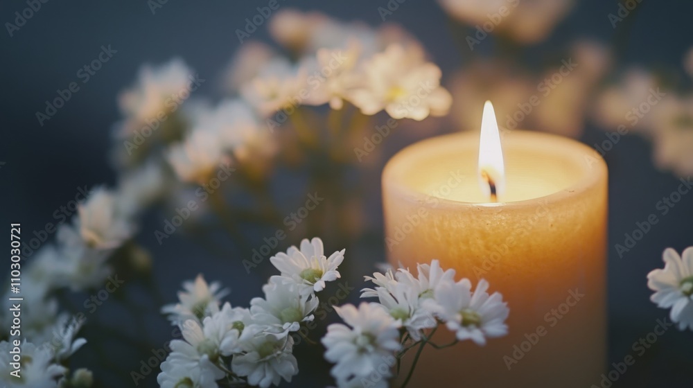 19.A burning candle, its light softly illuminating a surrounding arrangement of white flowers, set against a muted background, creating a peaceful, reflective scene for a condolence or memorial