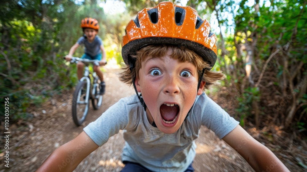 Excited boy biking in the woods. AI. Excited boy biking in the woods. AI.