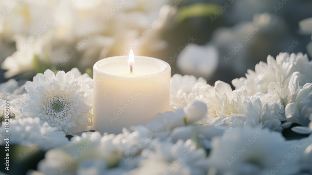 20.Candlelight burning steadily, surrounded by pure white flowers in a tribute arrangement, with a gentle glow casting soft shadows, evoking a sense of quiet reverence and respect for a funeral or 20.Candlelight burning steadily, surrounded by pure white flowers in a tribute arrangement, with a gentle glow casting soft shadows, evoking a sense of quiet reverence and respect for a funeral or