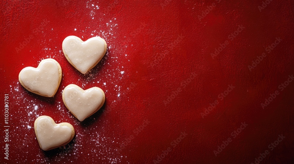 Obraz premium Heart-shaped iced cookies delicately arranged on a vibrant red backdrop, creating a charming festive scene for romantic celebrations.