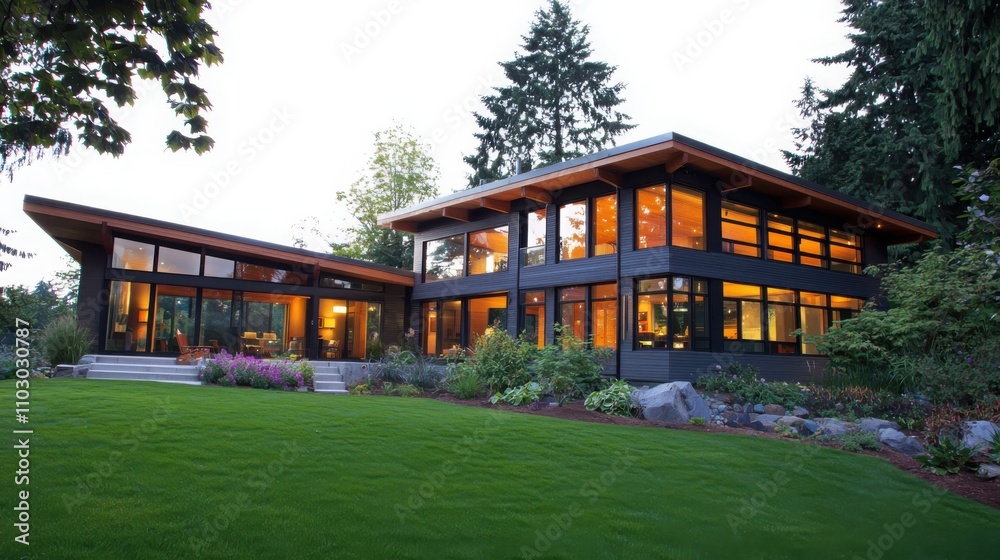 Designing a sustainable house embracing sleek windows and natural materials at sunset in a modern living space Designing a sustainable house embracing sleek windows and natural materials at sunset in a modern living space