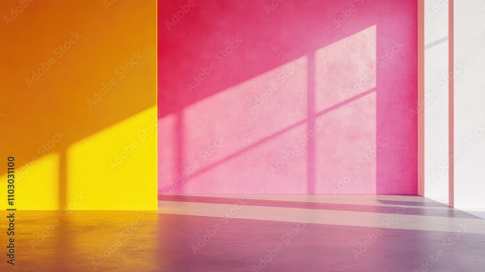 Vibrant interior with walls in pink, yellow, and orange, showcasing an empty space ideal for creative design ideas and artistic inspiration. Vibrant interior with walls in pink, yellow, and orange, showcasing an empty space ideal for creative design ideas and artistic inspiration.