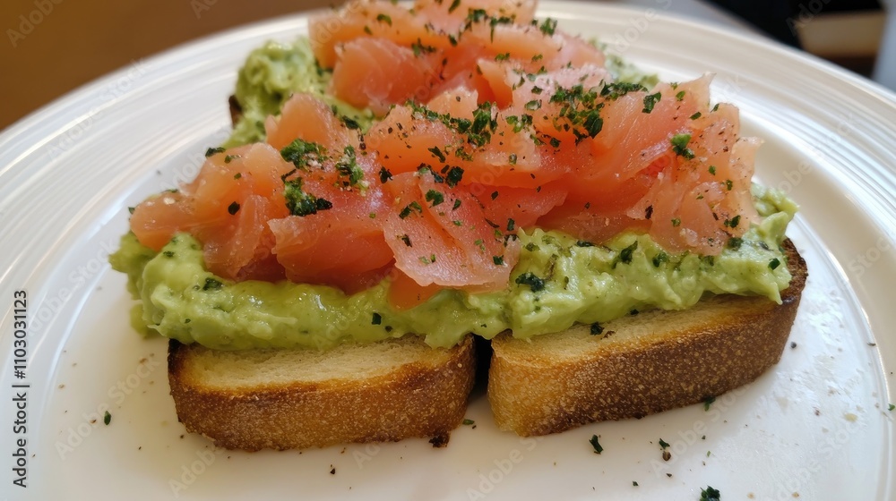 Toasted bread topped with creamy avocado spread and layers of smoked salmon, garnished with herbs for added flavor. Toasted bread topped with creamy avocado spread and layers of smoked salmon, garnished with herbs for added flavor.