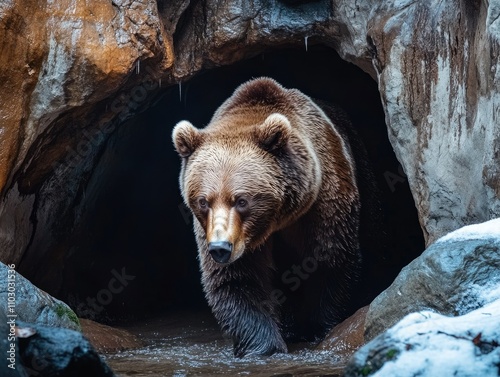  Bear walking inside the cave in forest wild.