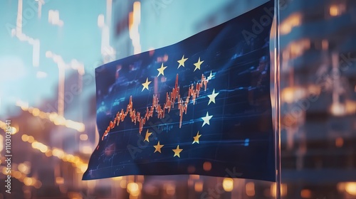 A flag of Europe with a graph of the stock market, finance, economy and data
