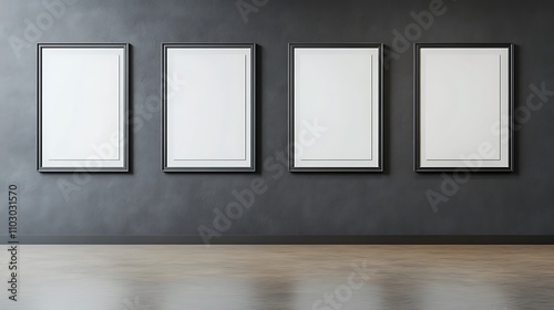 Modern Art Gallery Interior with Empty Frames on Dark Wall Showcasing Blank Canvas for Creative Display and Future Artwork Installation in Contemporary Space