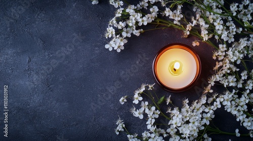 18.Softly glowing candle with a warm flame, placed among serene white flowers on a dark background, the surrounding space subtly inviting space for text, making it suitable for funeral or obituary photo