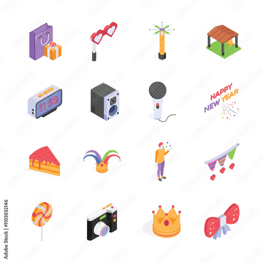 This image features a set of colorful, isometric icons depicting various elements associated with a celebration or event This image features a set of colorful, isometric icons depicting various elements associated with a celebration or event