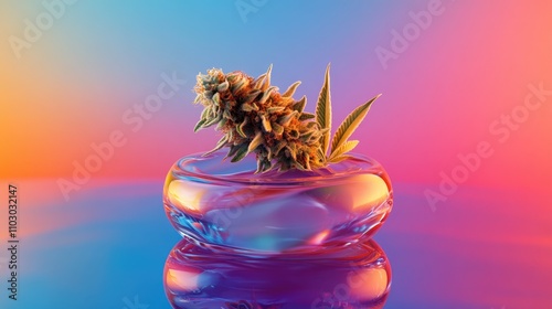 Live flower rosin displayed in a clear glass dish, highlighting its rich texture against a colorful gradient background of pink, blue, and purple hues.