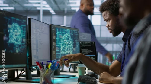 Machine learning expert in data center maintaining company network infrastructure. Worker using artificial intelligence server hub to ensure optimal system performance, camera A