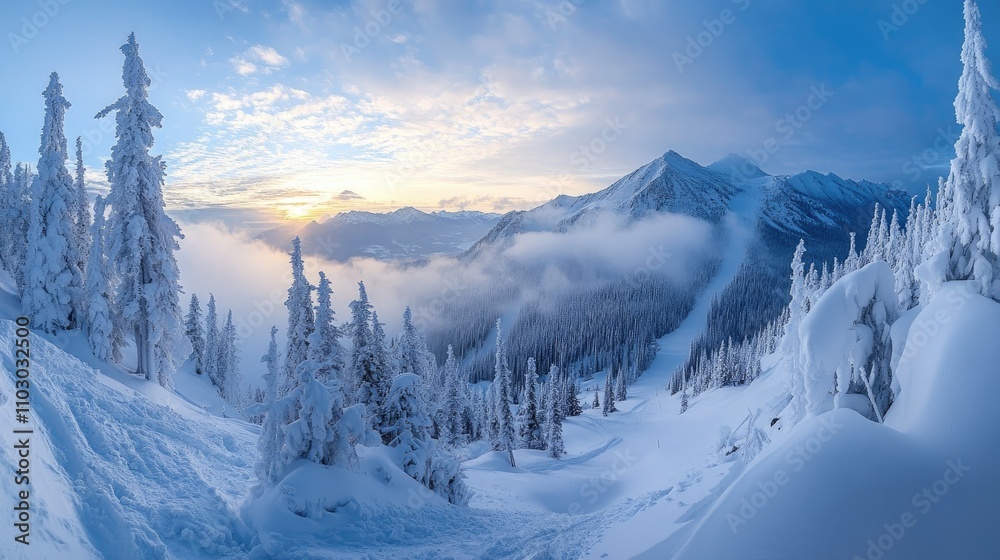 Snow-covered mountain panorama revealing a serene winter wonderland with frosted trees and a soft glow of sunlight peeking through clouds. Snow-covered mountain panorama revealing a serene winter wonderland with frosted trees and a soft glow of sunlight peeking through clouds.