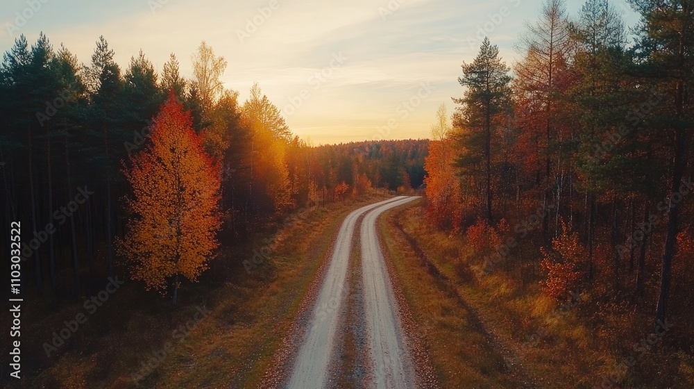 Autumn forest with a winding country road at sunset showcasing vibrant orange and red foliage amidst colorful trees, ideal for seasonal travel backgrounds.