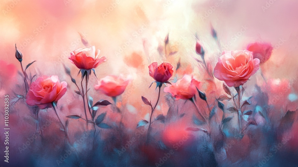 Fototapeta premium 46.Soft-focus image of blooming roses, each petal rendered in a premium, bokeh effect, creating a dreamy, ethereal background. The delicate colors of the roses blur gently into the surrounding