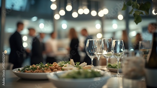 Business event in an office with a crowd of employees. Food and drink in a meeting or conference room with business people in the background. Blurred shot of business people at a party in the office