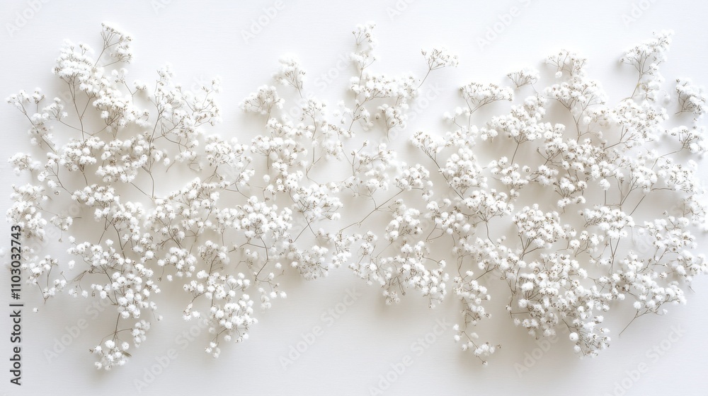 7.Overhead image of a soft white background adorned with tiny, intricate gypsophila flowers, their light petals forming a scattered arrangement that contrasts delicately with the pure, blank canvas 7.Overhead image of a soft white background adorned with tiny, intricate gypsophila flowers, their light petals forming a scattered arrangement that contrasts delicately with the pure, blank canvas