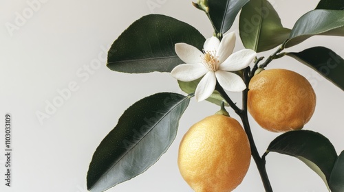 62.Close-up of a lemon branch with ripe lemons, glossy green leaves, and a single blooming white flower, all set against a white background. The texture of the fruitâ€™s skin and the sharpness of the photo