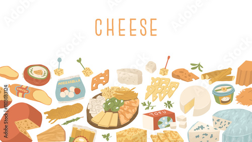 Wallpaper template with cheeses of different flavors and types for restaurant menu. Cheese tasting. Farming and cheese making. Beer snacks for a party. Vector illustration for a grocery store.