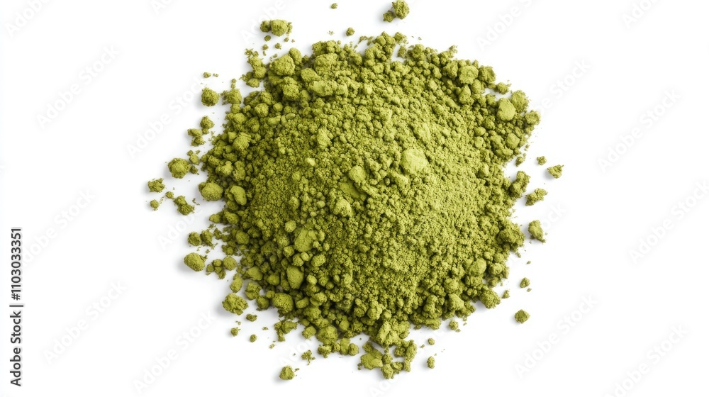 Finely ground green matcha tea powder displayed on a white background, highlighting its vibrant color and texture for a healthy beverage rich in antioxidants. Finely ground green matcha tea powder displayed on a white background, highlighting its vibrant color and texture for a healthy beverage rich in antioxidants.