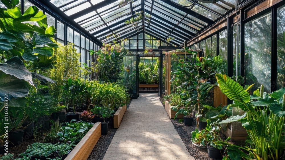 Lush Greenhouse Environment in Natural Light Lush Greenhouse Environment in Natural Light