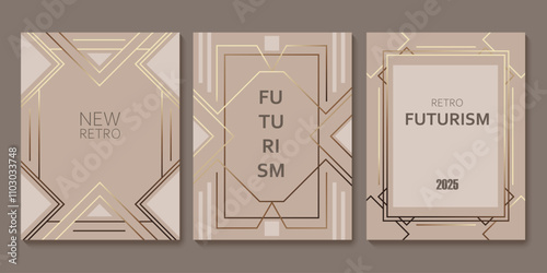 Set of chic elegant cards in brown, beige, yellow shades. Golden, copper lines. Geometric pattern. Cover, packaging, business template. Frame for branding, logo, invitation. Futuristic design.