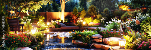 A beautifully landscaped backyard garden in the evening with ambient lighting highlighting a water feature surrounded by vibrant plants and flowers.