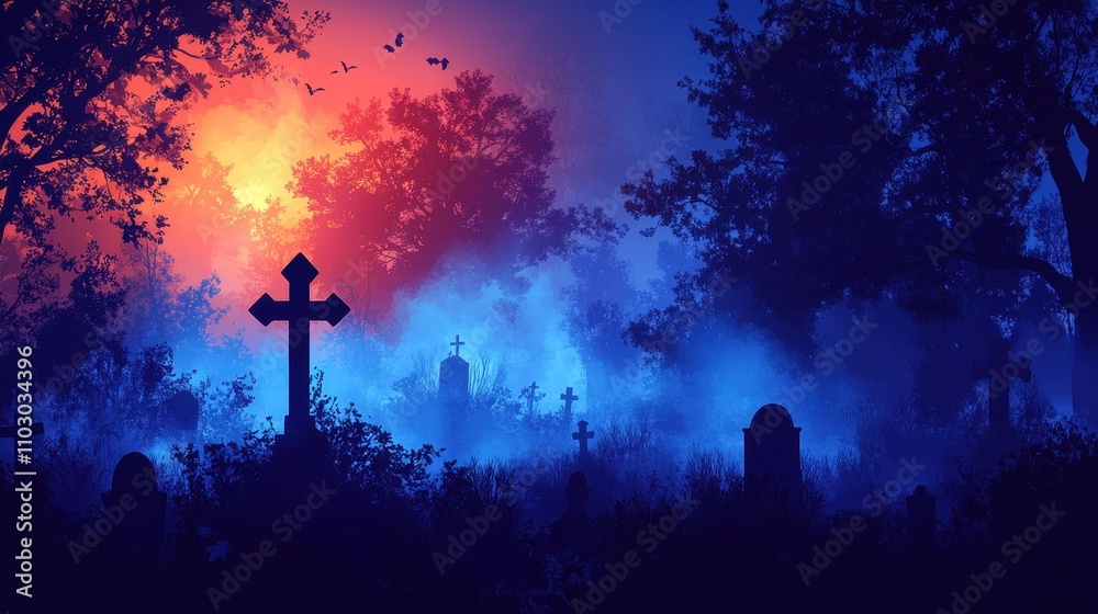 Fototapeta premium Mysterious moonlit cemetery scene with eerie fog and silhouetted trees