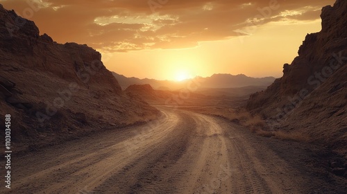 Desert landscape with winding dirt road under a vibrant sunset, showcasing rugged terrain and dramatic sky colors in high resolution.