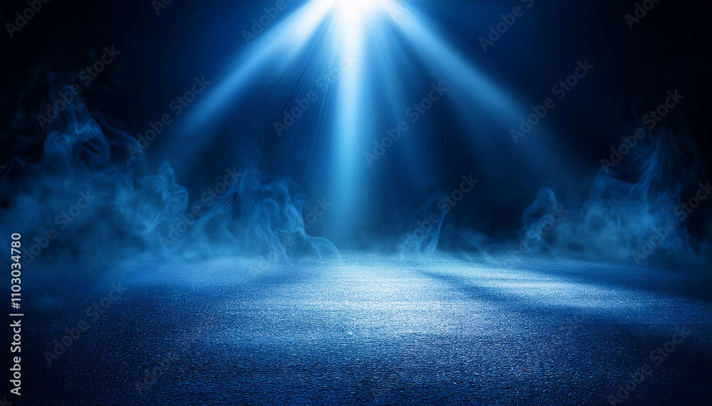 Rays, spotlights light. Empty dark scene with blue light. Asphalt blue dark street with smoke. Rays, spotlights light. Empty dark scene with blue light. Asphalt blue dark street with smoke.