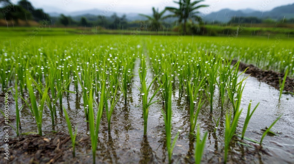 3.Macro shot of rain droplets landing on vivid green rice stalks, the fine mist creating ripples in the waterlogged fields, highlighting the fertile landscape and the tranquility of the rain-soaked 3.Macro shot of rain droplets landing on vivid green rice stalks, the fine mist creating ripples in the waterlogged fields, highlighting the fertile landscape and the tranquility of the rain-soaked