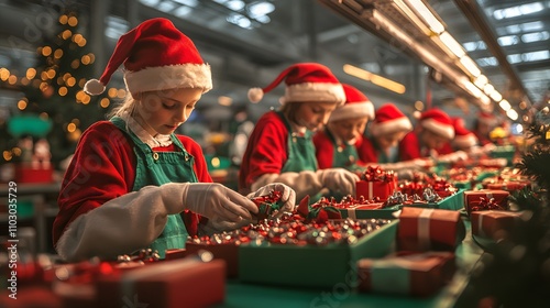 Christmas elves making gifts in a toy factory. Santa Claus' assistants make presents for children