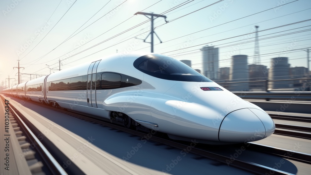 High-speed Train Travels Along Tracks in an Urban Landscape During Bright Daylight High-speed Train Travels Along Tracks in an Urban Landscape During Bright Daylight