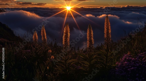 55.Breathtaking sunset view from Pico do Arieiro, where the mountains rise above the clouds in a dramatic display. The foreground is adorned with tall Pride of Madeira flowers and blooming Cytisus photo