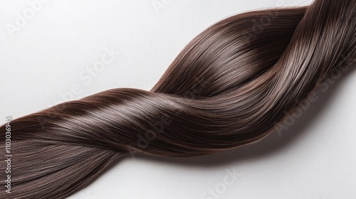 Glossy dark brown hair strand elegantly twisted, ideal for beauty salon promotions and hairdressing marketing materials.
