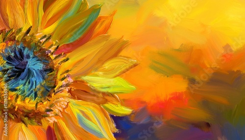 Oil painting illustration of sunflower (sunset background)