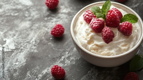 Creamy yogurt garnished with fresh raspberries and mint leaves, highlighting its rich texture against a dark stone background.