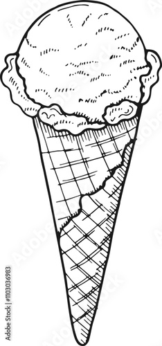 Waffle cone sketch. Ice cream scoop drawing
